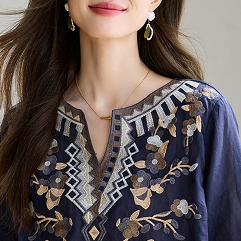 子牧棉麻2026夏装 女国风超短袖T恤绣花上衣宽松显瘦复古小衫9411 藏青色 L (建议115-125斤)