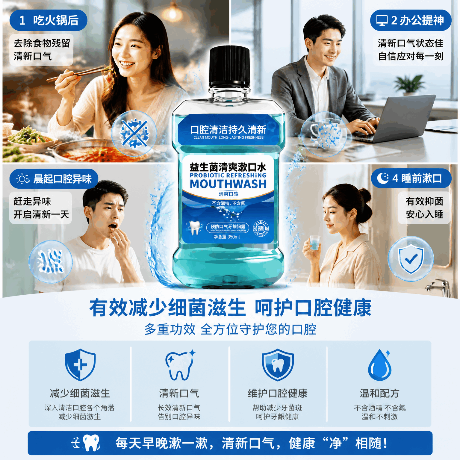 中星温暖 ZHONGXING WARM【护理口腔】益生菌漱口水大容量抗菌抑菌袪口气异味持久清爽留香 益生菌漱口水350ml/瓶*3