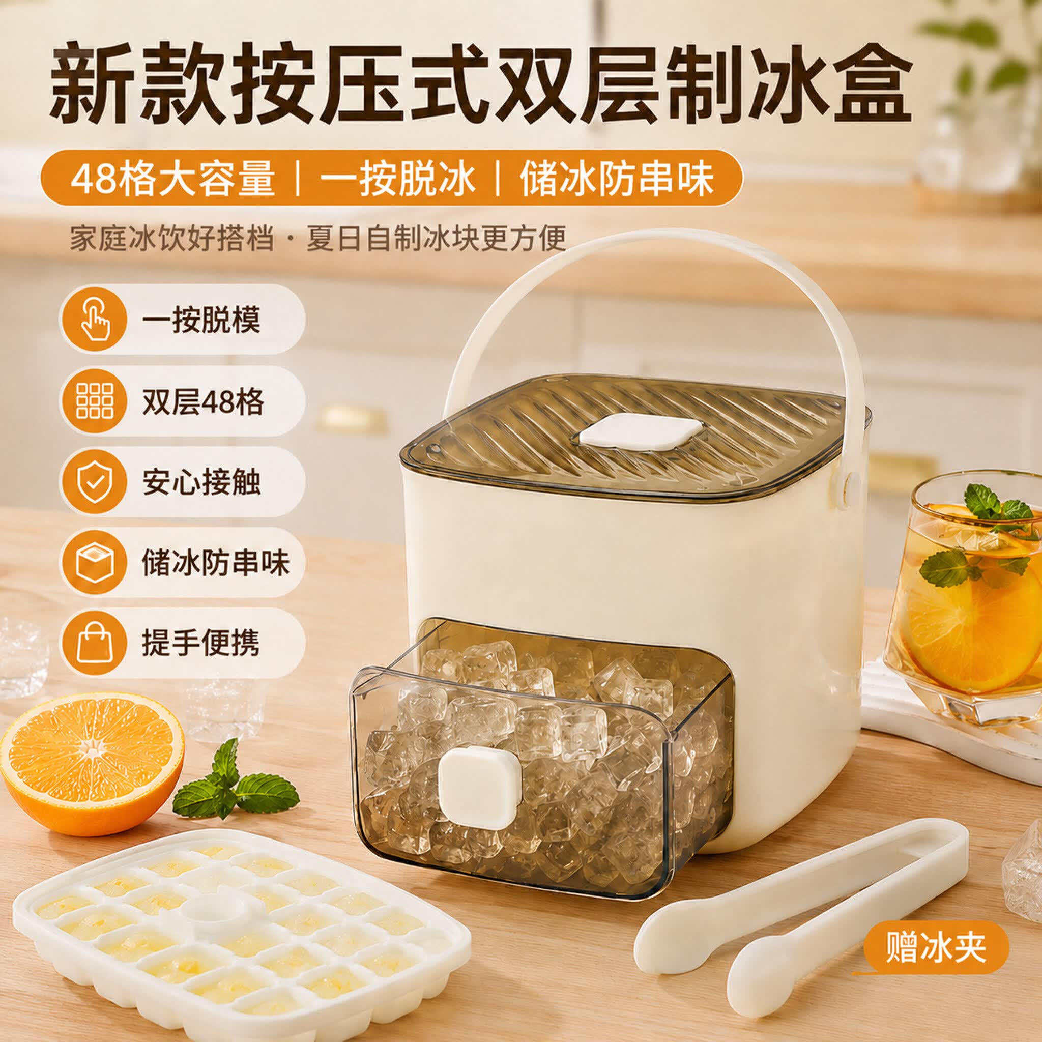 厨王爷冰块模具手提冰格制冰盒食品级制冰块神器家用抽屉式储冰盒48格
