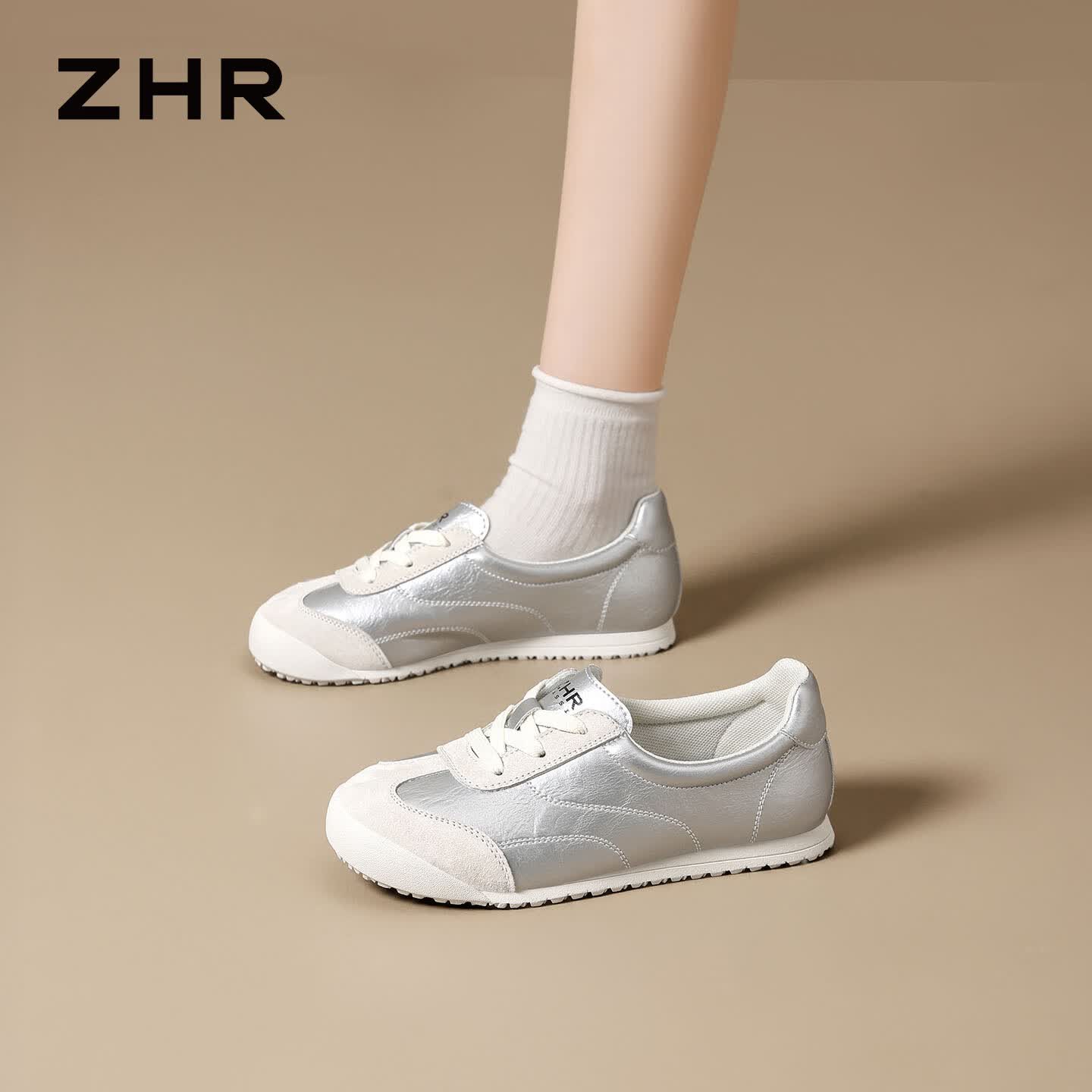 ZHR则则小白鞋女2026春季新款百搭轻便软底一脚蹬芭蕾德训鞋 银色 37