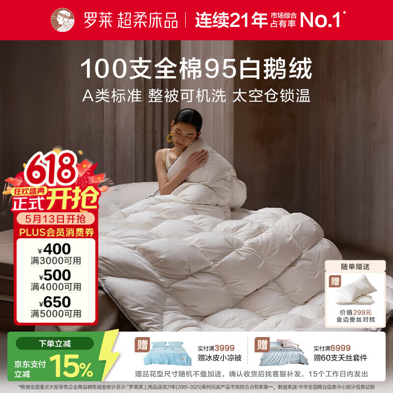 罗莱家纺 羽绒被子 A类95%水洗白鹅绒100支全棉立体防风工艺四季被芯