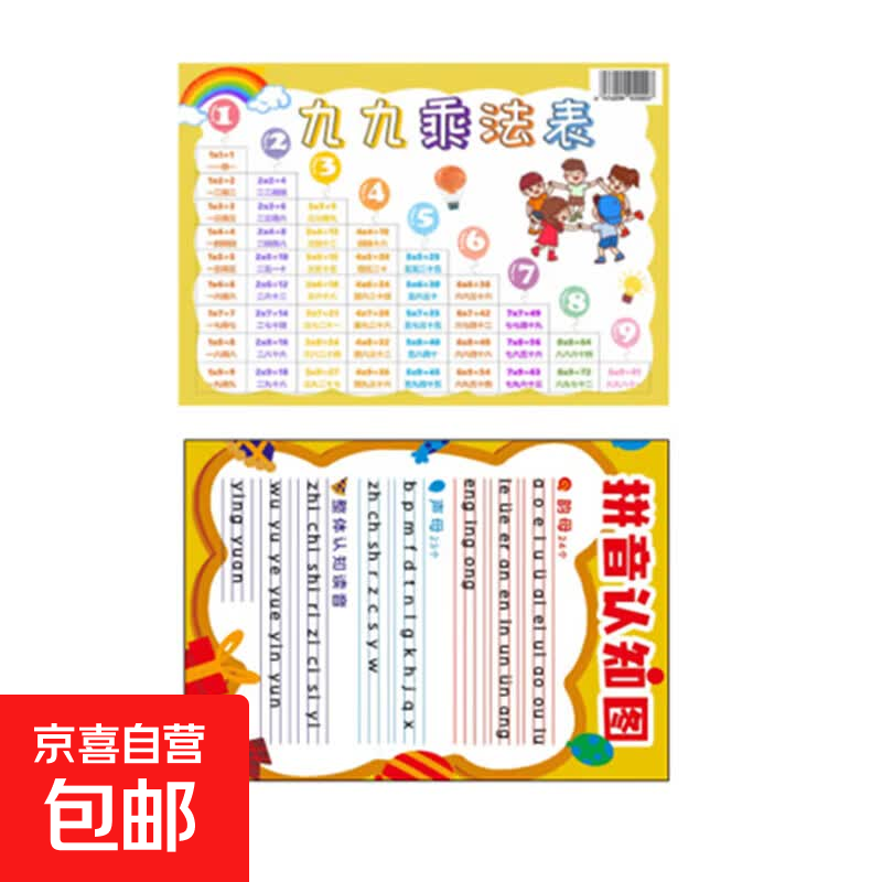 拼音口诀歌认知图+九九乘法表小学生知识点公式换算表 拼音字母表早教启蒙识字卡片儿童声母韵母整体认读音节一年级挂图 软白板 【体验装】随机2本