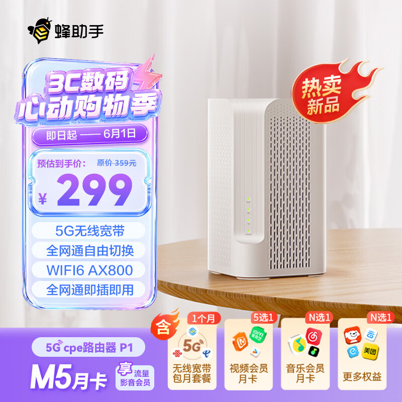 ?红爆新品｜蜂助手CPE P1！299元享5G+WiFi6，租房党学生党速冲～