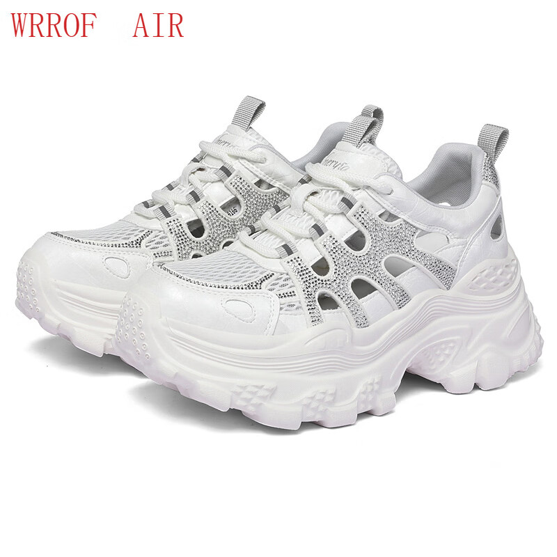 WRROF AIR透气运动鞋拼色日常休闲通勤简约女鞋水钻百搭网面厚底老爹鞋 6166白色 40