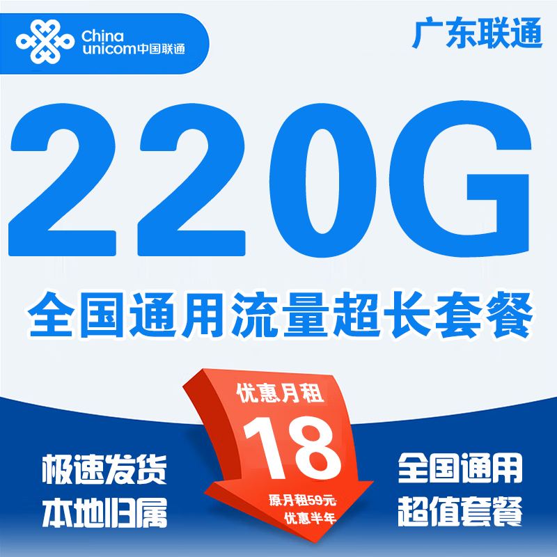 中国联通（UNICOM）流量卡5G全国不限速手机卡电话卡低月租无限流量卡大流量上网卡大王卡非永久 广东爆款卡18元220G全国通用高速流量超值套餐