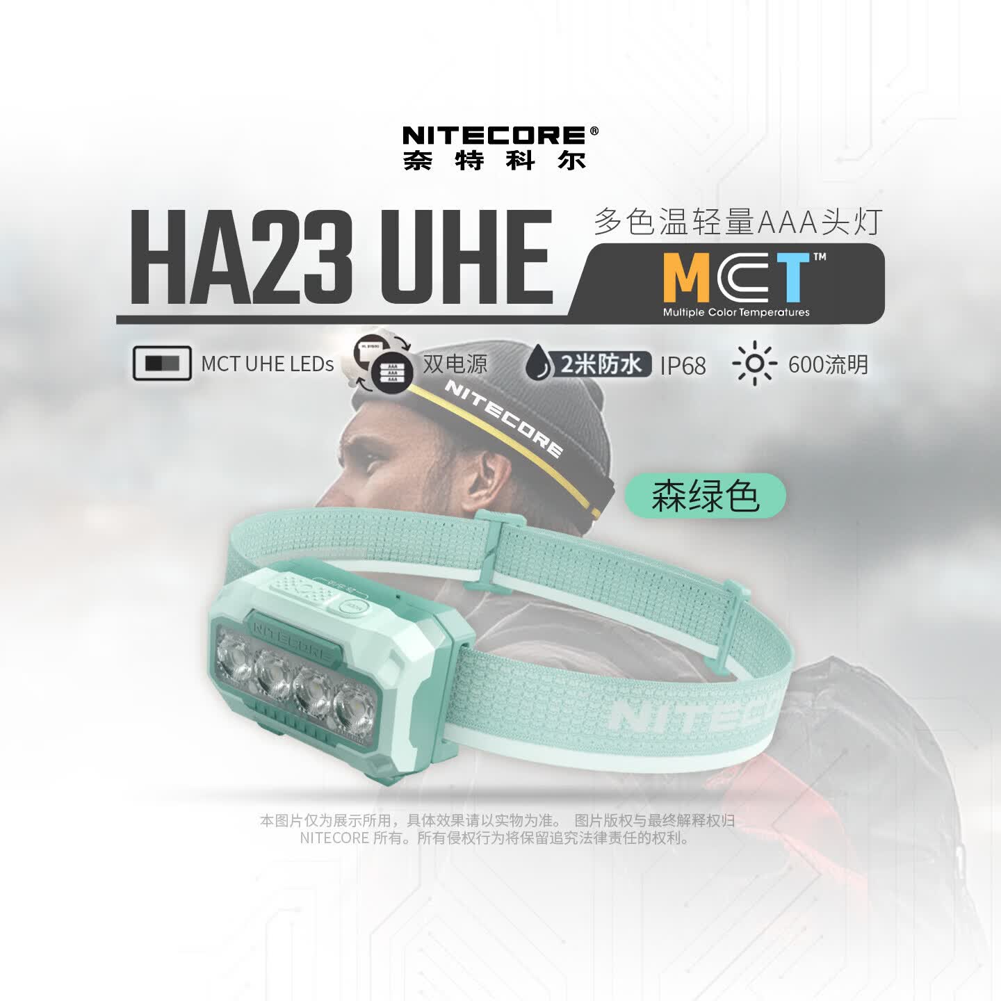 NITECORE奈特科尔HA23 UHE森绿 多色温头灯户外轻量便携式越野跑照明灯 