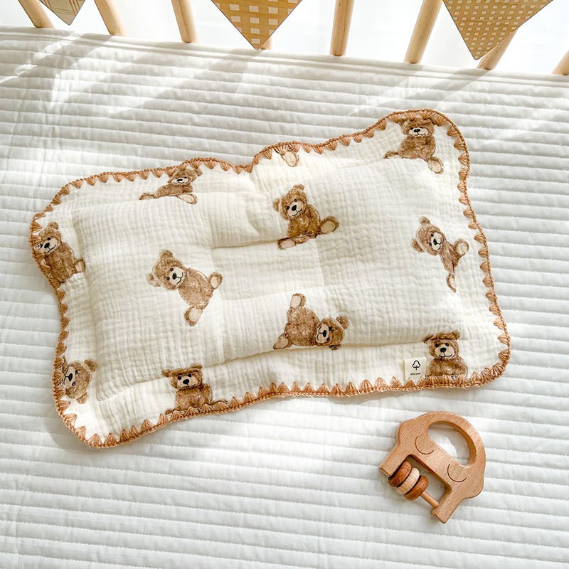 棉加加（Cotton++）婴儿枕头纯棉纱布宝宝定型枕花边新生头型矫正0到6个月 花边枕-小熊