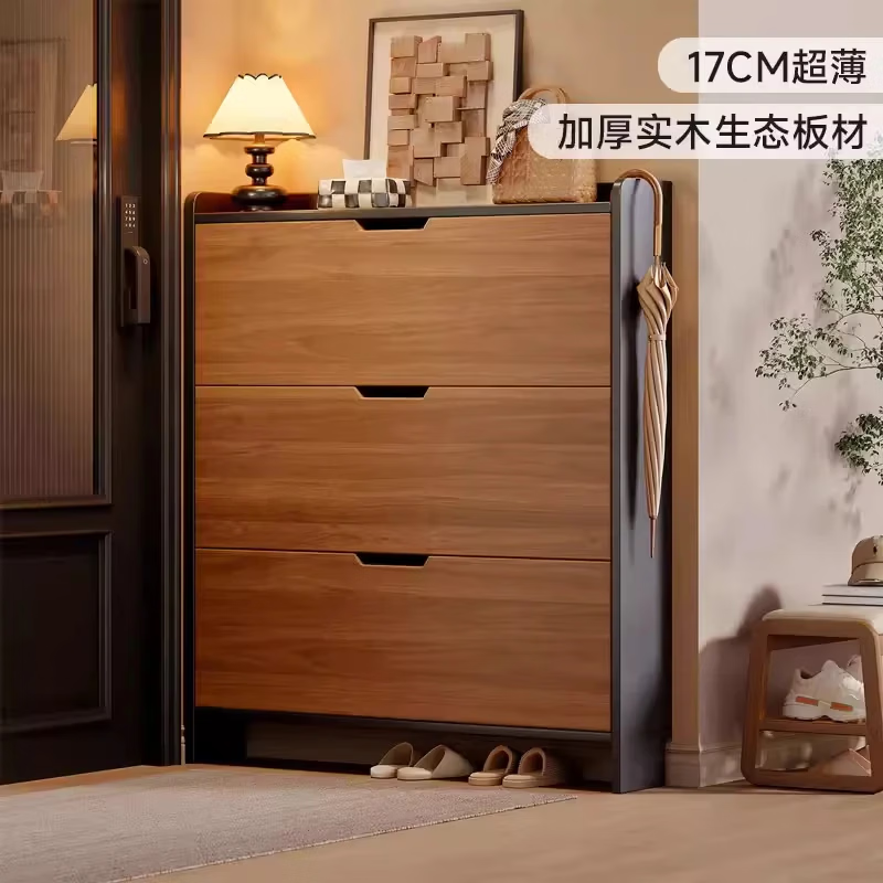 立太实木超薄翻斗鞋柜门口入户柜2026收纳柜一体靠墙玄关柜多层鞋架子 胡桃色｜单层放鞋【ENF级全实木生态板】100*17*120cm