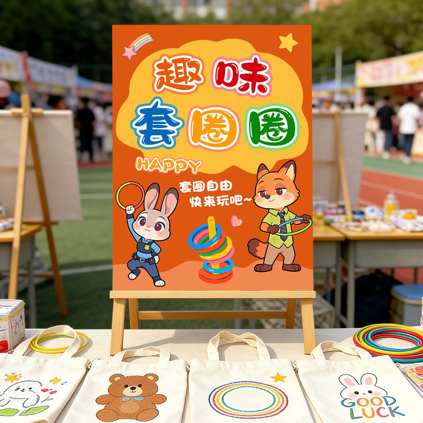 靓赫跳蚤市场地垫摊位布学生爱心义卖摊位幼儿园摆摊布置套圈游戏道具 动物城套圈地垫 无规格