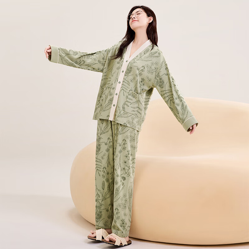 玛伦萨【5A抑菌丨100%纯棉】睡衣女家居服春秋V领森系长袖长裤套装 茶绿 L
