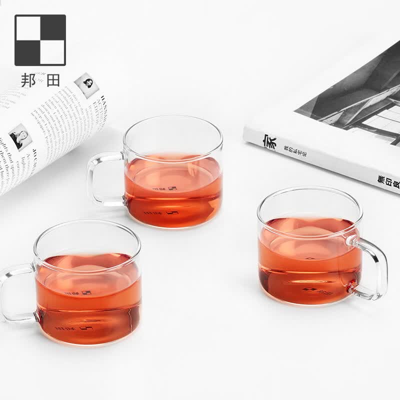 邦田(Bonston)玻璃茶杯带把手加厚咖啡功夫茶耐热透明品茗杯创意个人马克杯 100毫升4只装