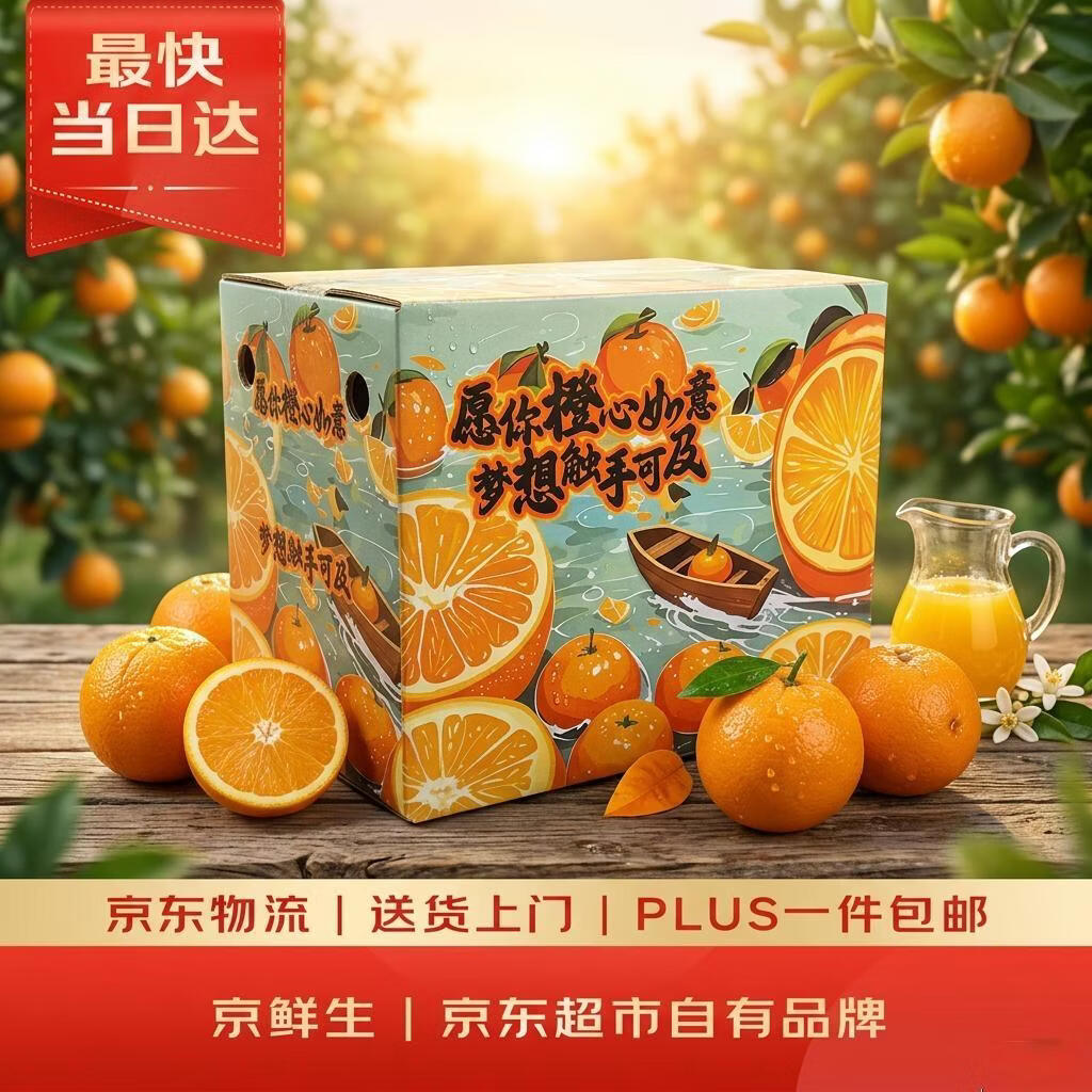 京鲜生  秭归脐橙/鲜橙  钻石果  净重4.5斤  单果180g起  橙子水果礼