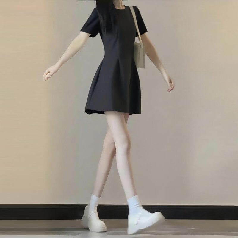 GARNUO粉色短袖连衣裙子女夏季法式小个子高级感气质礼服裙收腰显瘦短裙 灰色【短袖短款】 S 【80-100斤】