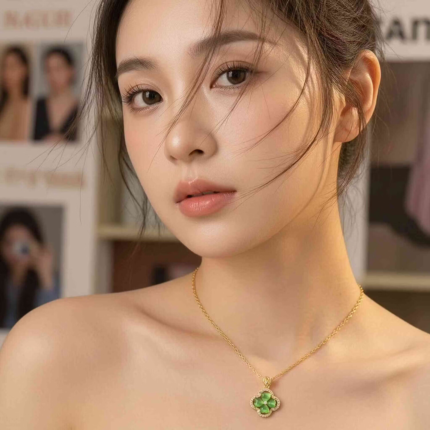 钛钢项链女气质百搭四叶草吊坠时尚通勤小众ins风锁骨链直播爆款 8523-绿色 无规格
