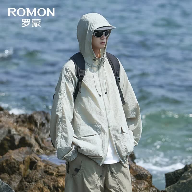 罗蒙(ROMON)UPF50+防晒衣男女同款连帽宽松薄款透气夏季情侣百搭户外防晒服 海沫绿 2XL (180)【建议165-180斤】