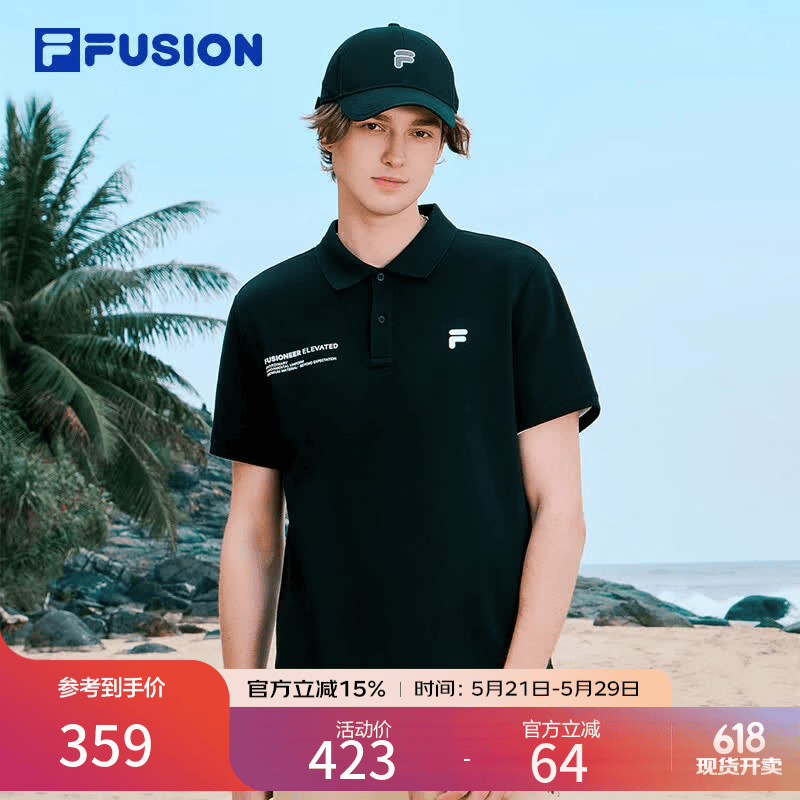 斐乐 FUSION斐乐潮牌男装针织短袖2025夏新款时尚休闲宽松POLO衫男 正黑色-BK L 175/96A/L