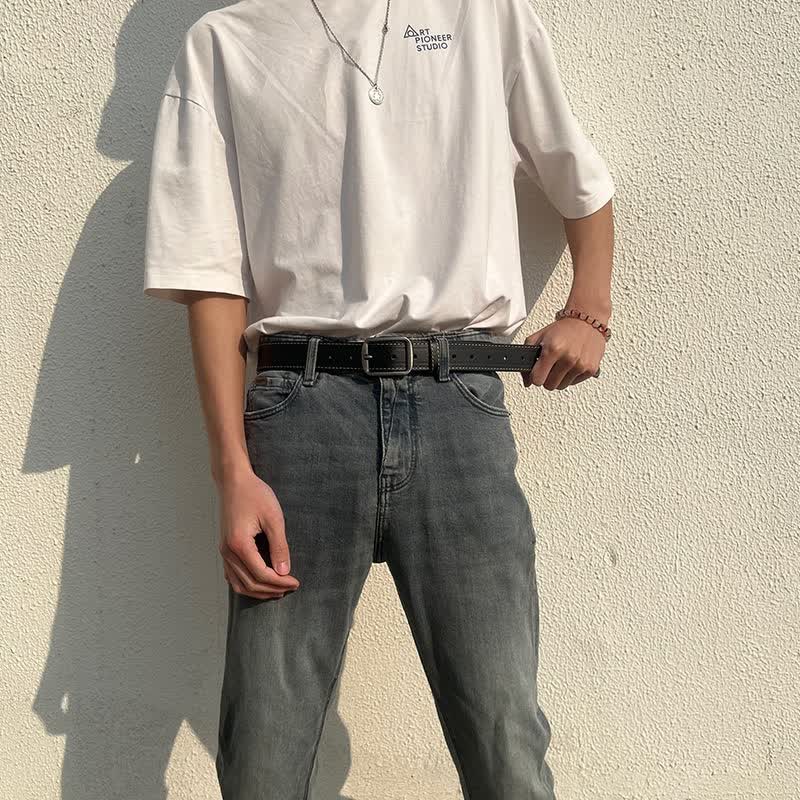 【新品】韩版针扣皮带男学生潮流百搭腰带 PU材质时尚皮带米白色 黑色(宽度3.3cm) 110cm