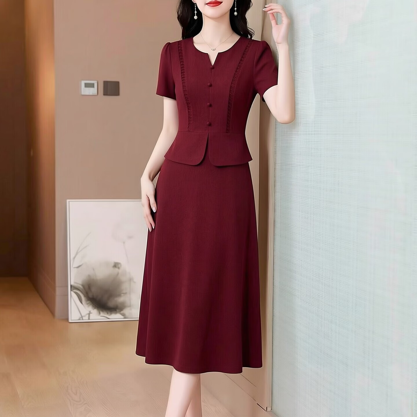 香影芬喜婆婆婚宴装假两件连衣裙子2026新款女夏妈妈礼服高端轻奢高级感 酒红色 2XL (建议121-130斤) 京东折扣/优惠券