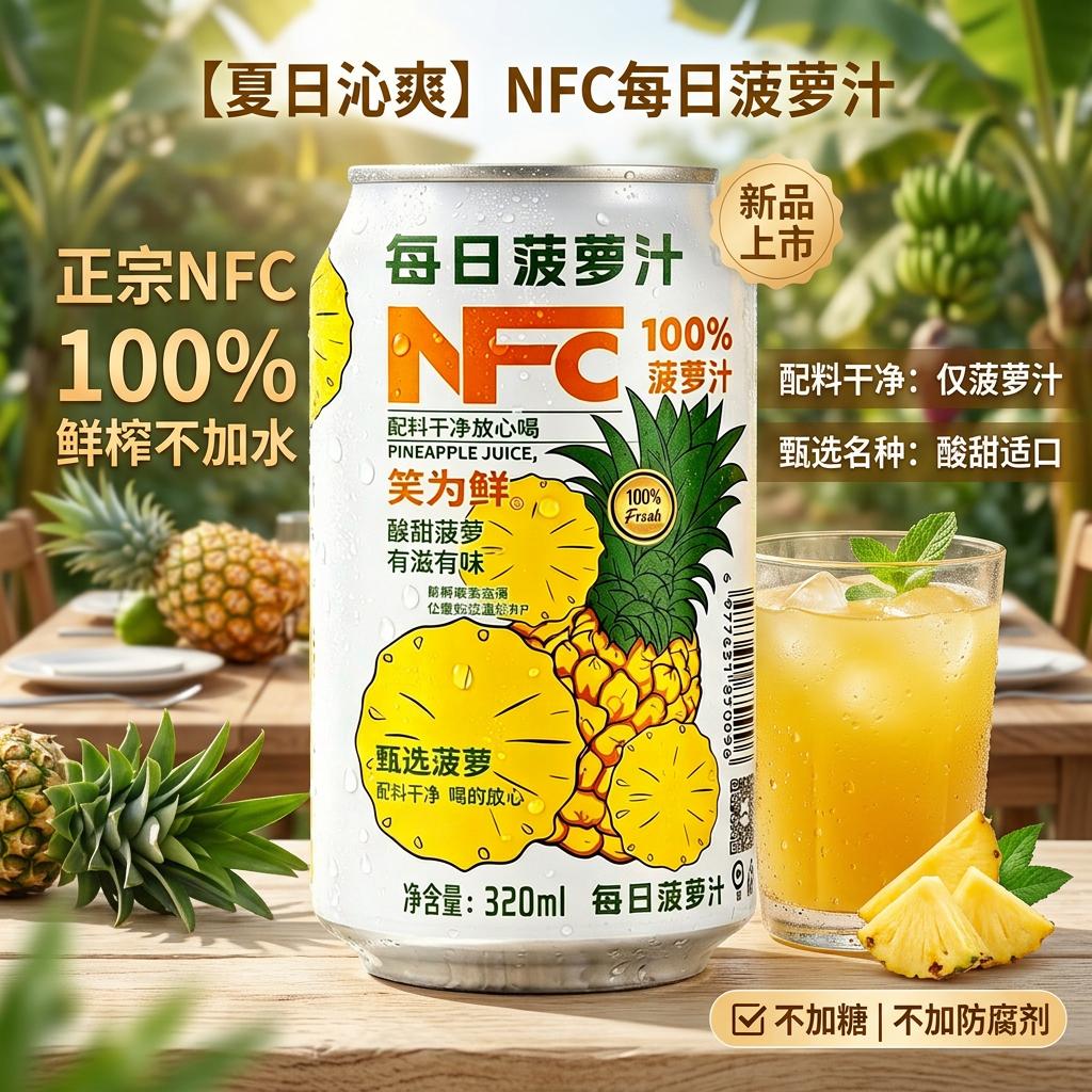 笑为鲜NFC菠萝汁鲜榨果汁 夏日清凉解暑饮品 320ml*6罐