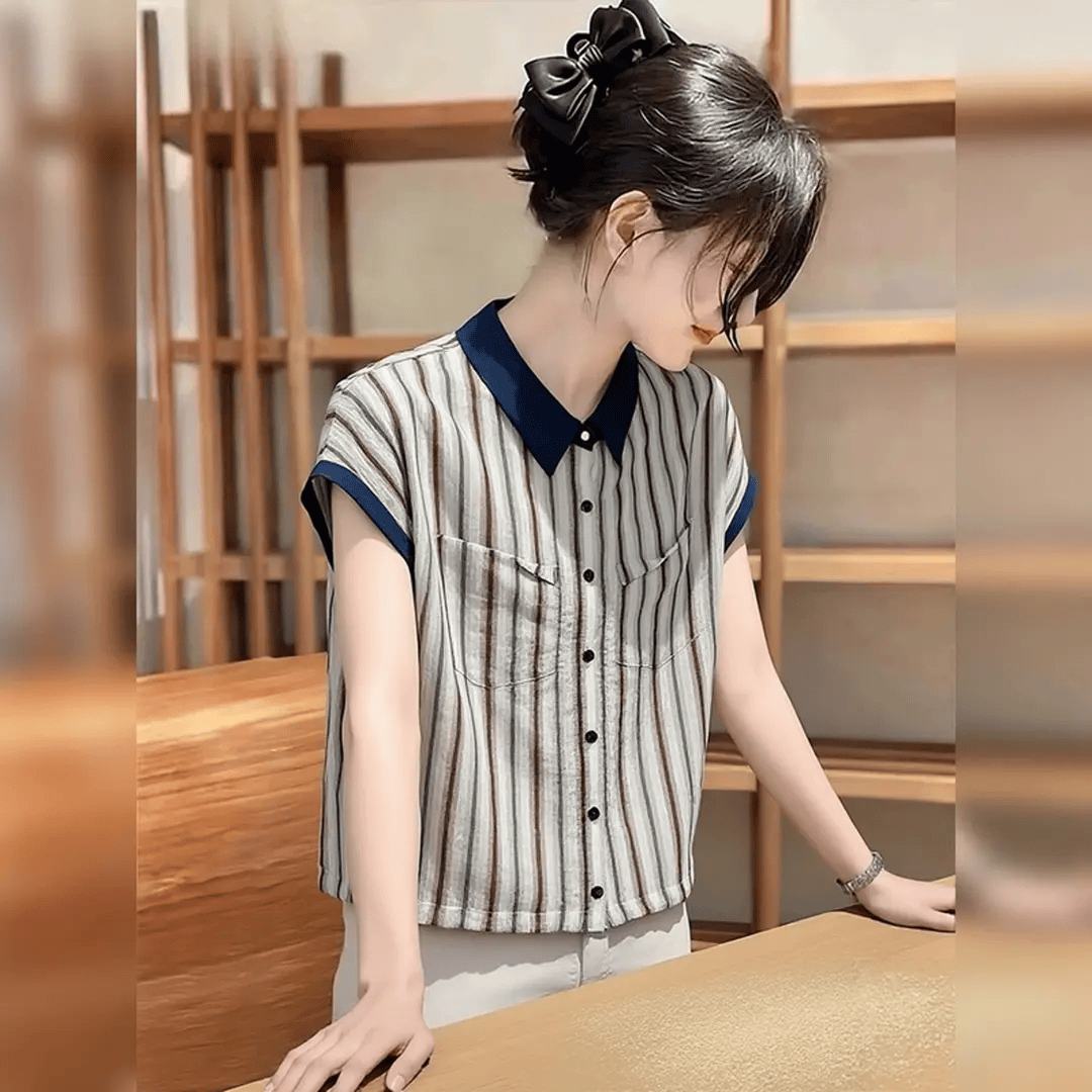韩版撞色女款条纹衬衫2026夏季新款宽松休闲显瘦百搭短袖上衣 条纹衬衫 L 建议105-120斤