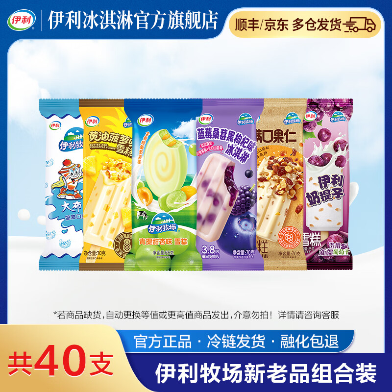 伊利牧场黄油菠萝蓝莓桑葚黑枸杞奶提子大布丁全家福 冰淇淋雪糕 40支（共2625g）