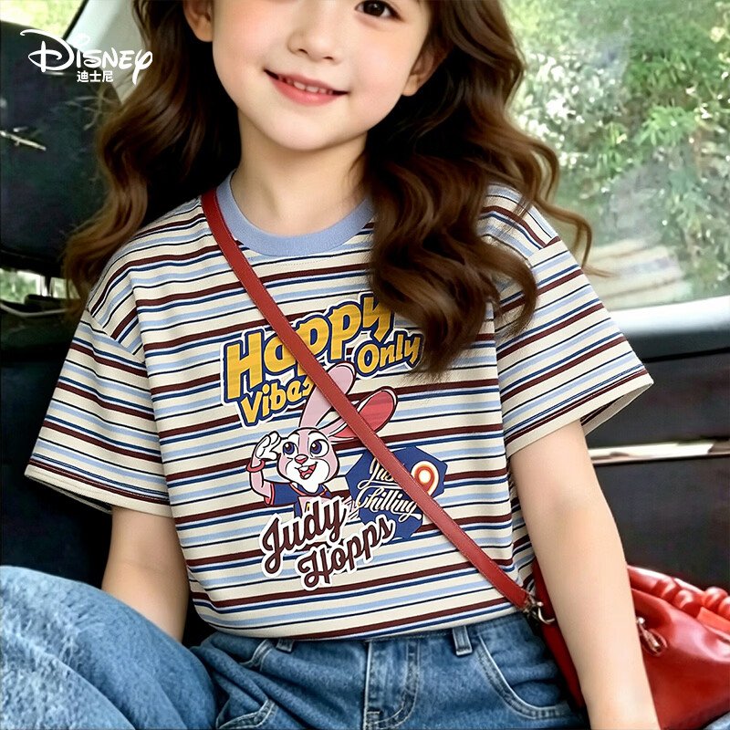 迪士尼（Disney）朱迪兔子警官卡通儿童短袖T恤2026夏季新洋气女童条纹印花t恤上衣 蓝条 110 【身高约105-115cm体重30-40斤】