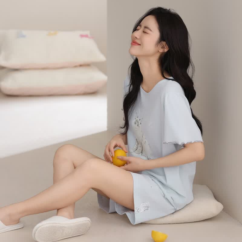 芬腾睡衣女士夏款纯棉短袖短裤套装2026新款夏季可外穿可爱家居服 FX26920469冰兰 L 建议110-125斤