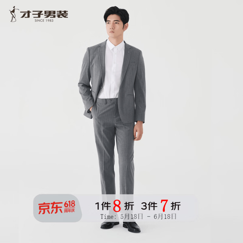 才子（TRIES）男士商务通勤平驳领套西结婚上班通勤面试职业正装西服套装 灰色 46 (165/84Y)