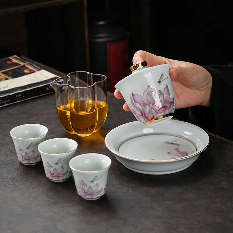 京峰阁 茶具套装 景德镇陶瓷盖碗茶壶茶杯整套高档轻奢家用礼物商务礼品 情投意荷粉盖碗茶壶套装(粉) 7人饮 11件