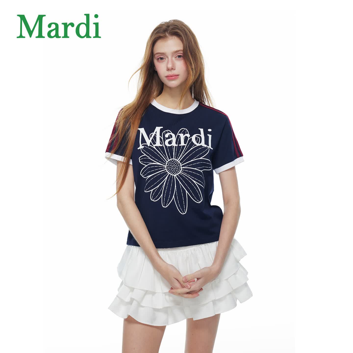 MARDI玛尔帝女装2026夏季新款圆领撞色短袖T恤女士衣服时尚休闲上衣152 藤蓝x米白 L