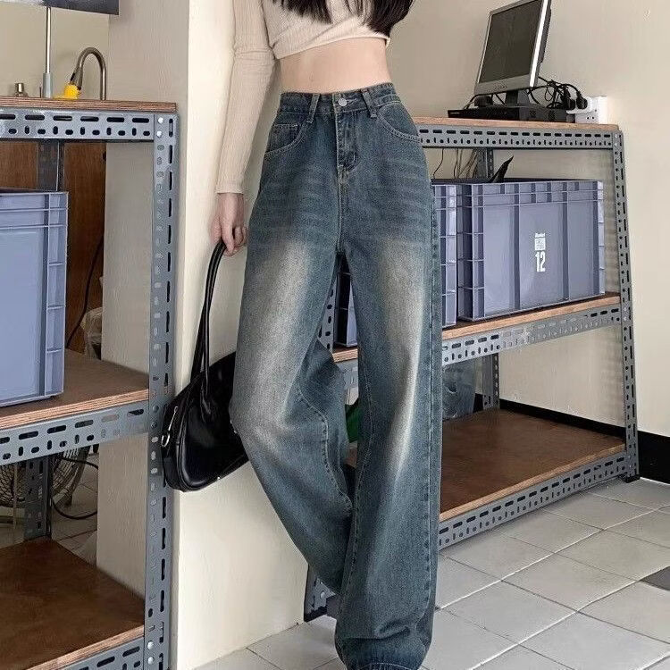 YOUNVFR美式复古水洗直筒牛仔裤女春夏新款高腰百搭垂感遮肉显瘦阔腿长裤 复古蓝 3XL 【建议138-155斤】