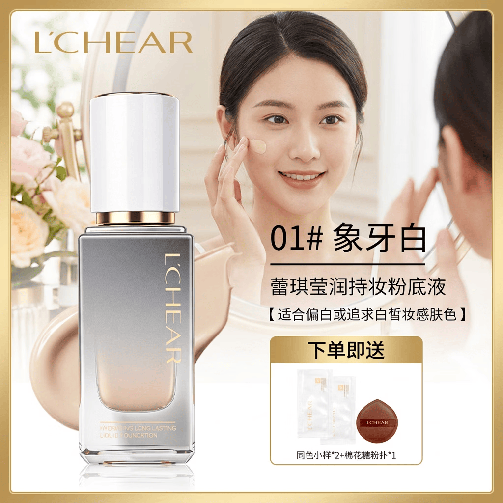 LCHEAR蕾琪白金粉底液黑金持久不易脱妆持妆不易暗沉遮瑕干皮水润油皮混 【白金款1#】象牙白+小样+粉扑
