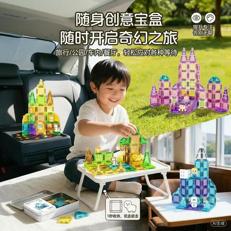 磁力片铁盒便携儿童彩窗磁力片积木益智拼搭男女孩六一节礼物 雪人城堡32片(送收纳盒)