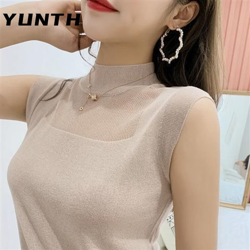 YUNTH冰丝吊带背心女外穿春夏新款韩版宽松针织无袖短款上衣T恤打底衫 黑色 S 【建议70-85斤】