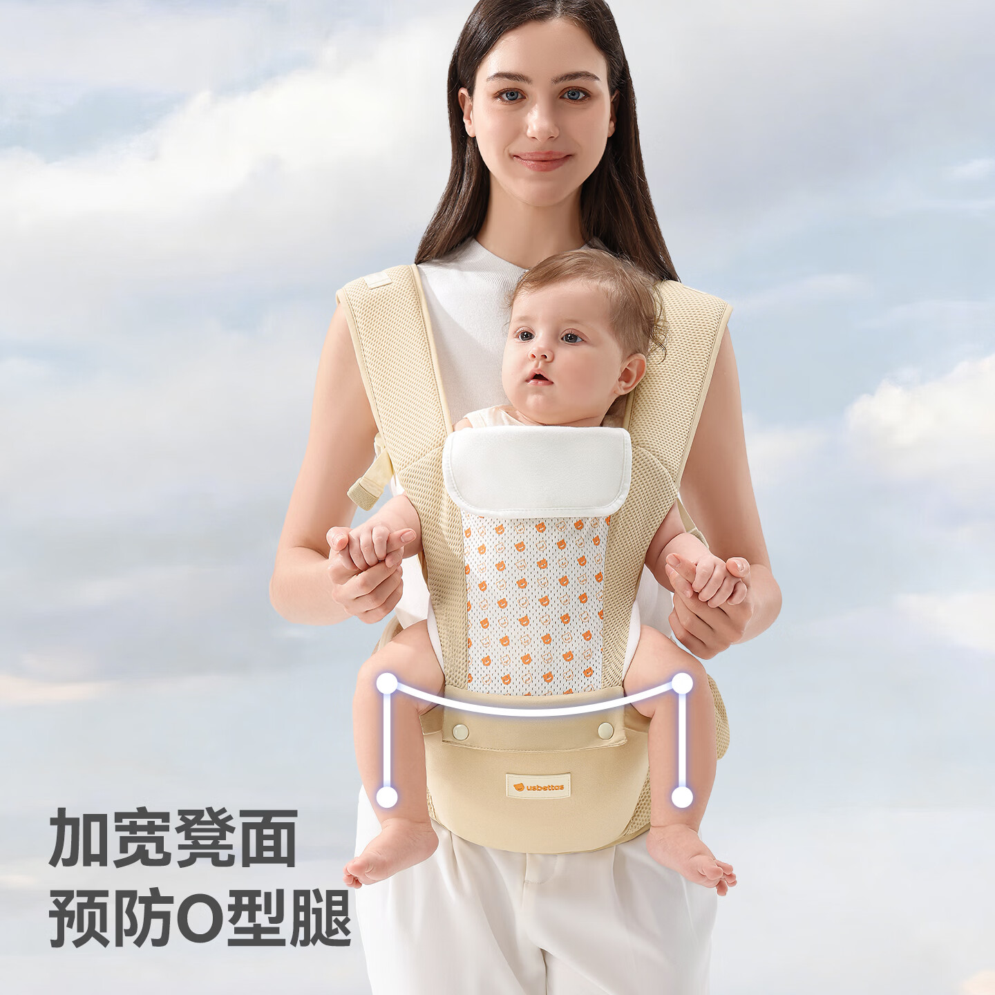 贝肽斯腰凳婴儿背带前抱式0-36个月前后两用新生儿宝宝多功能背娃 【加宽33%凳芯】透气横抱款-贝绒金/护颈横抱
