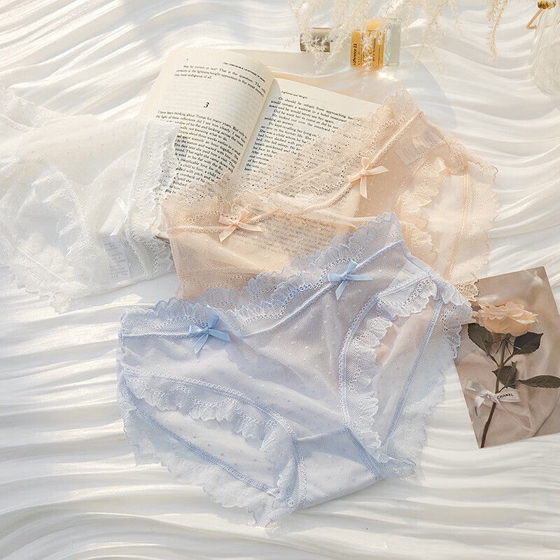 有只绵5条日系少女冰丝内裤夏季新款轻薄无感中腰可爱蕾丝纯棉裆三角裤 混色5条 L 90-110斤