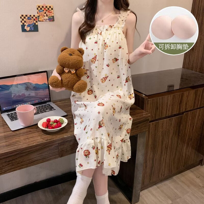 有只绵带胸垫可拆卸睡衣女夏季新款云朵棉吊带裙韩版宽松甜美居家服 FM6881 M 160 适合体重 70-90斤