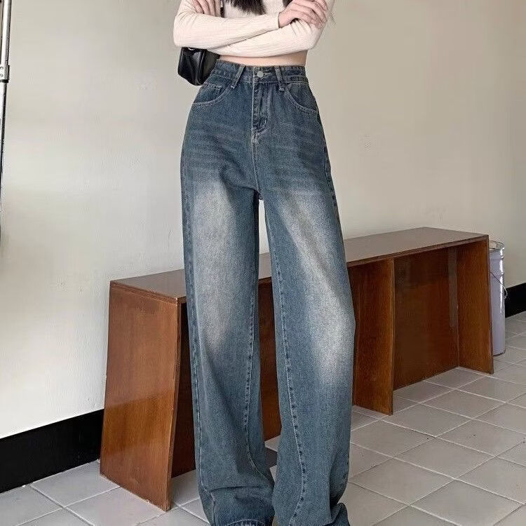 YOUNVFR美式复古水洗直筒牛仔裤女春夏新款高腰百搭垂感遮肉显瘦阔腿长裤 复古蓝 3XL 【建议138-155斤】