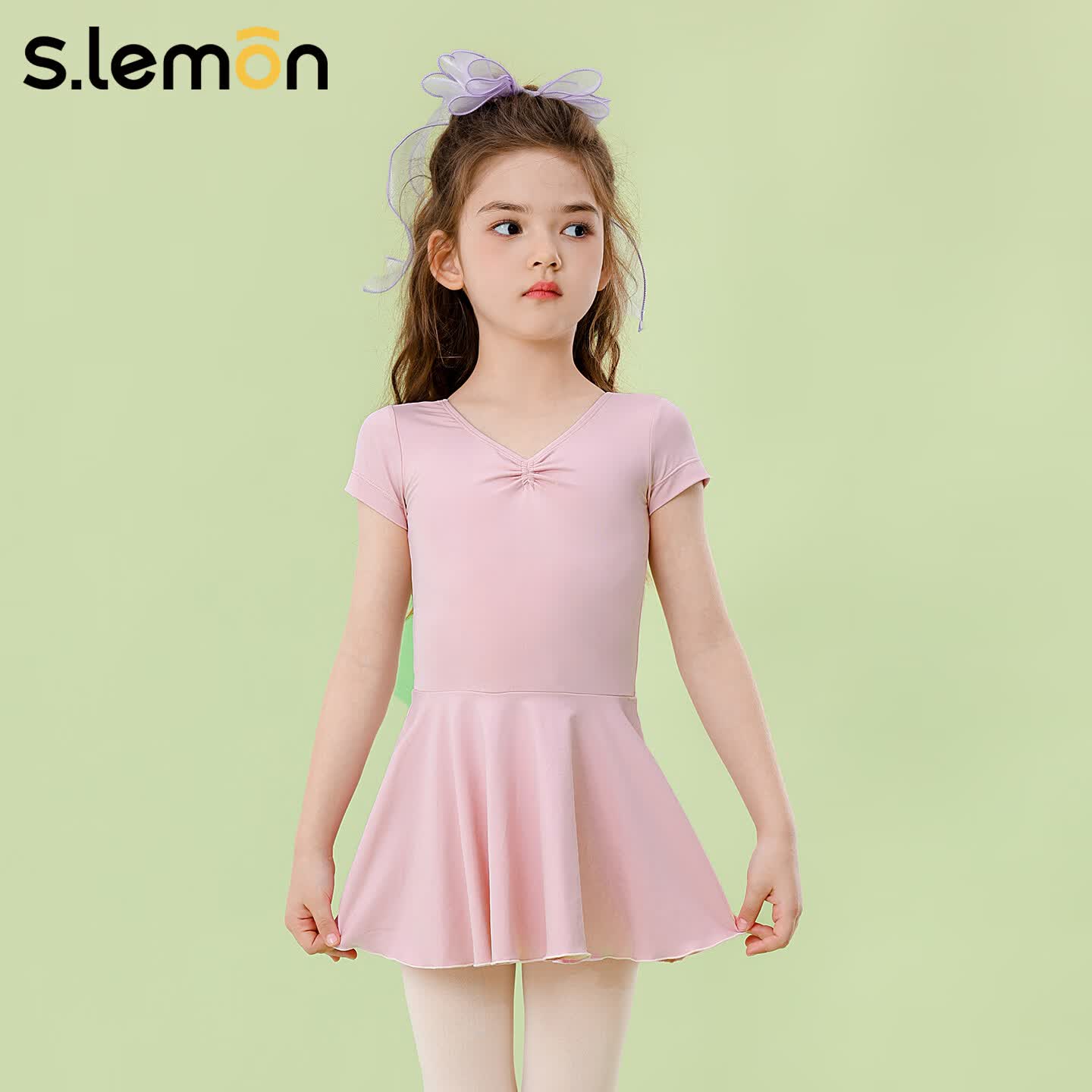 s.lemon儿童舞蹈服女童夏舞蹈练功服芭蕾连体舞蹈裙短袖芭蕾舞裙清爽透气 雾粉色 140 （建议身高110-120cm）