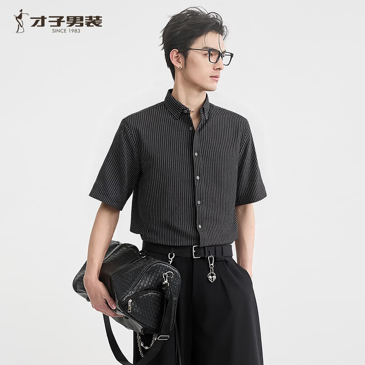 才子(TRIES)夏季薄款竖条纹衬衫男商务休闲通勤微弹休闲百搭短袖衬衣 黑色 XL 50 (175/92A)