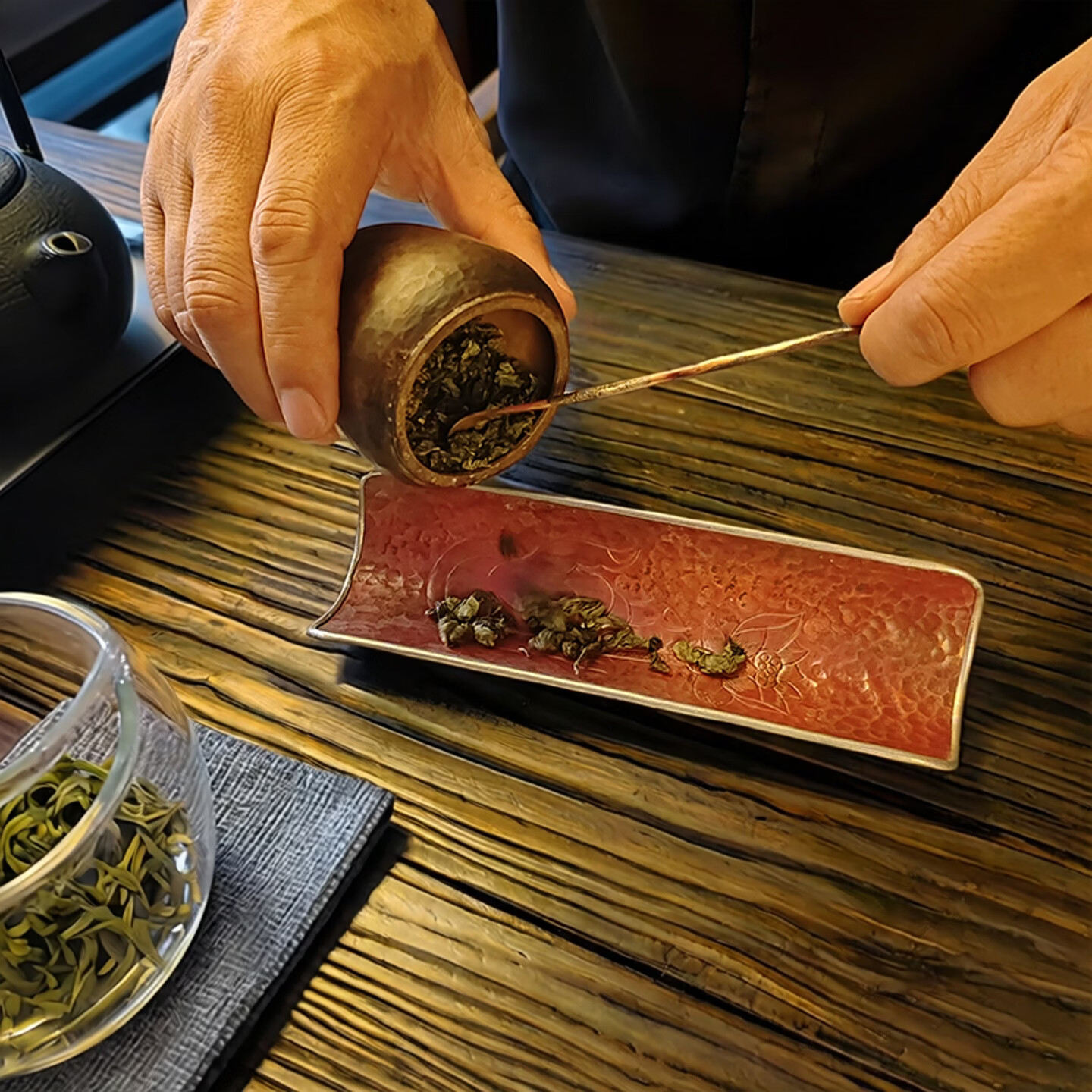 新中式手工锤纹鎏银紫铜茶拨茶匙茶则茶勺功夫茶道配件取茶分茶器 紫铜鎏银茶拨