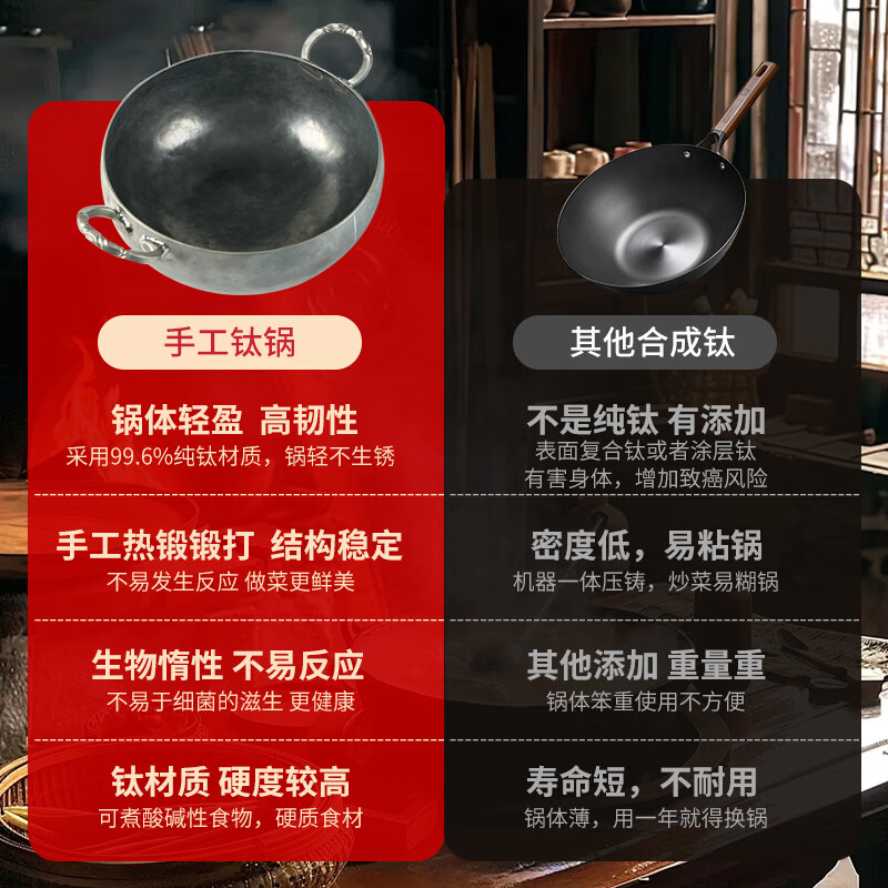 柏仕匠正宗章丘手工热锻纯钛锅TA1食品级0无涂层家用不粘热锻大肚锅双耳 双耳大肚锅+钛盖 24cm (2-3人)