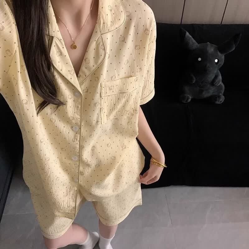 有只绵韩系波点夏季新款睡衣短袖家居服套装短裤可外穿宽松翻领女装 K1047 M 适合70-85斤
