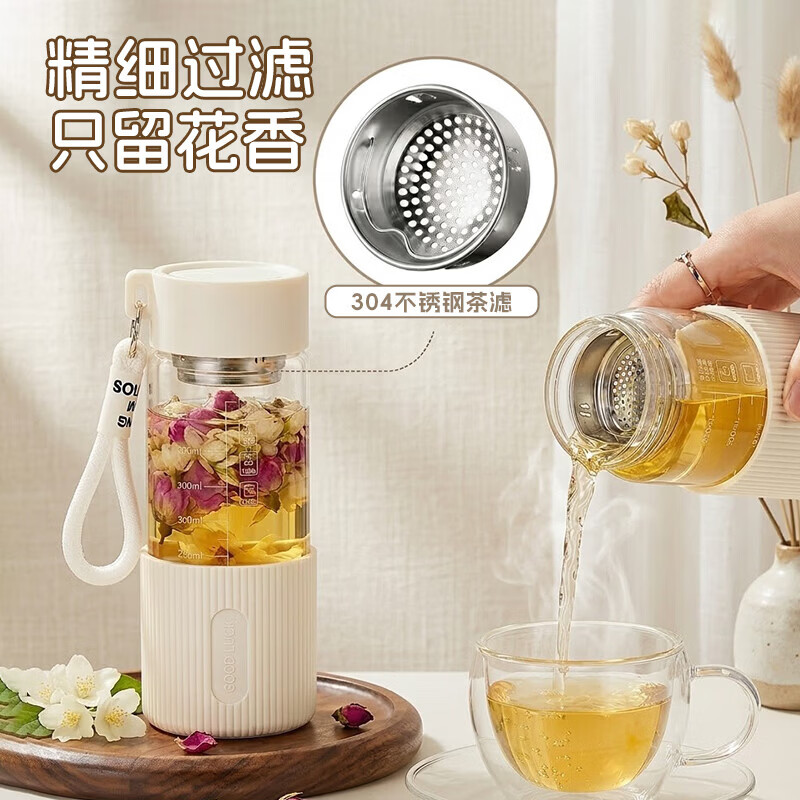 欣美雅(xinmeiya)玻璃杯女士高颜值耐高温防烫摔茶杯女士泡茶专用玻璃水杯2026新款 月光白-550ML【加厚硅胶杯套】