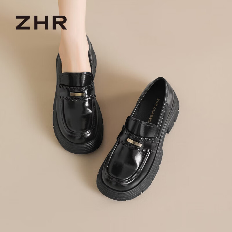 ZHR则则乐福鞋女厚底增高2026新款软底百搭小皮鞋女AH796 黑色 37