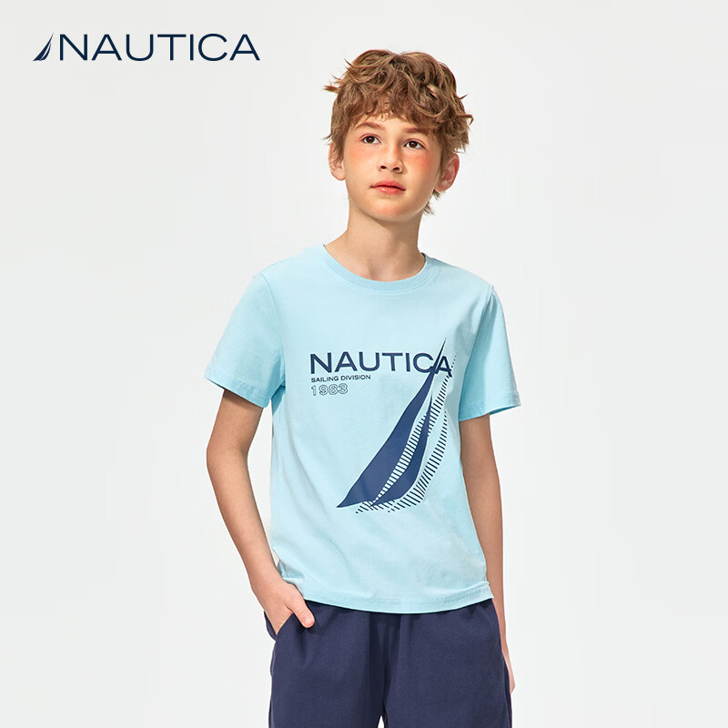 NAUTICA诺帝卡童装女童男童套装夏季短袖t恤儿童夏季套装亲肤上衣速干 白色-上衣 160