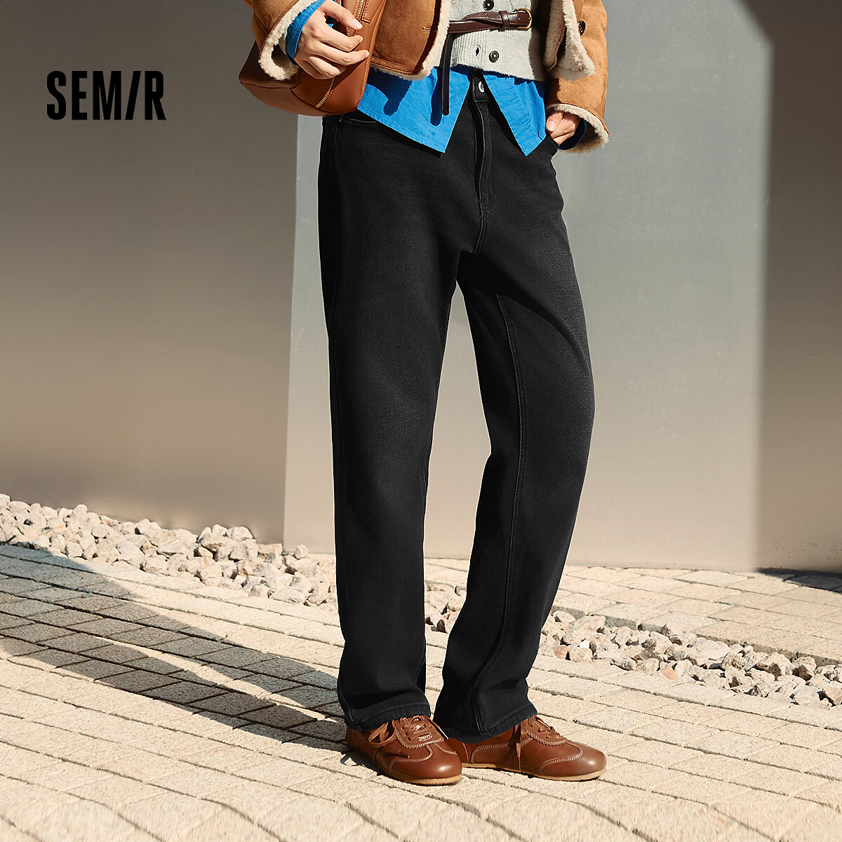 森马(Semir)牛仔裤女冬加绒做旧长裤女生保暖显腿长ins潮街头复古直筒裤 牛仔水洗黑98201 26
