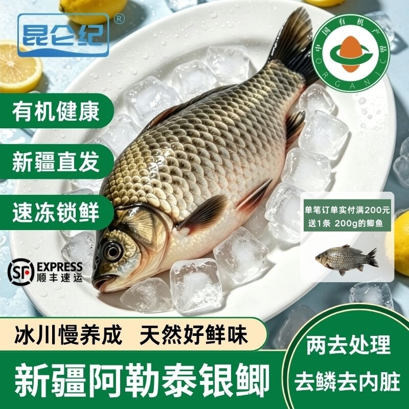 昆仑纪新疆海鲜阿勒泰野生鲫鱼有机大鲫鱼去鳞去内脏冷水鱼顺丰发货 阿勒泰野游银鲫1000-1100g/条 3条装