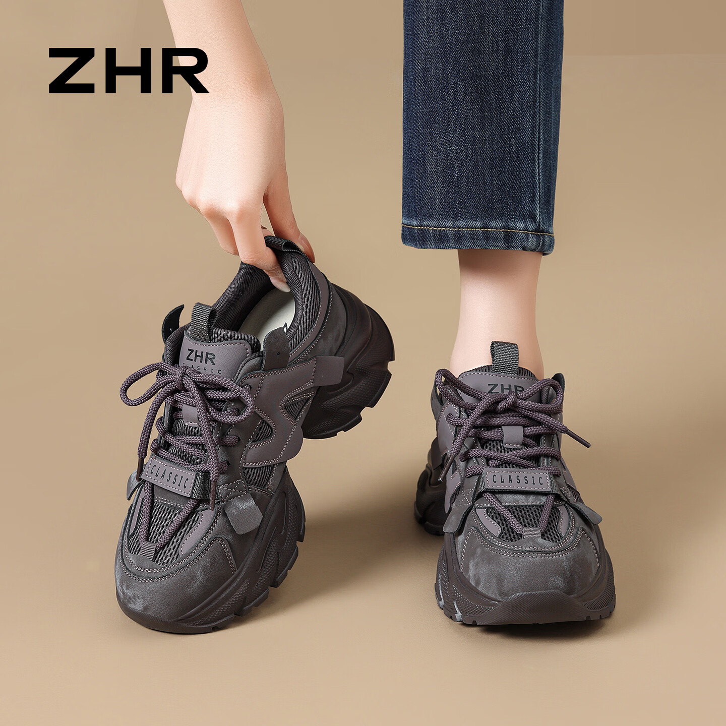 ZHR则则厚底老爹鞋女新款减震耐磨跑步鞋轻便百搭运动休闲鞋网面复古女鞋 灰紫色 36