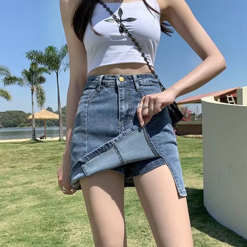 无品牌开叉牛仔短裙女夏季大码短裤裙高腰显瘦防走光a字包臀裙半 黑色 5XL